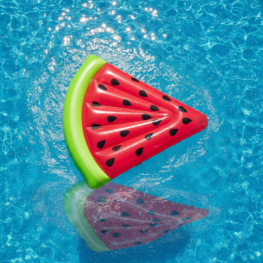 Giant watermelon pool float floating in a sparkling blue pool on a sunny summer day